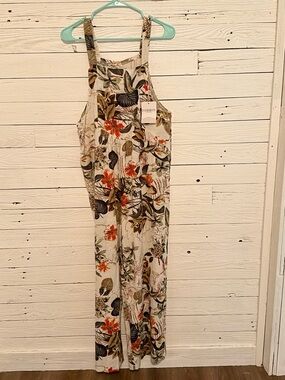 Floral Linen Blend Women's Jumpsuit - Cream with Orange & Green Print